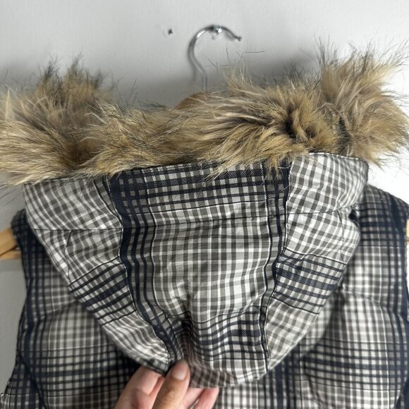 North Face Vest Womens Small P Plaid 600 Down Fill Hooded Faux Fur Puffer Jacket - Picture 9 of 16